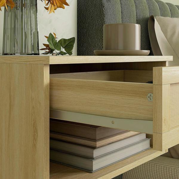 Close-up view of natural wood-effect bedside table storage with rattan-front panel
