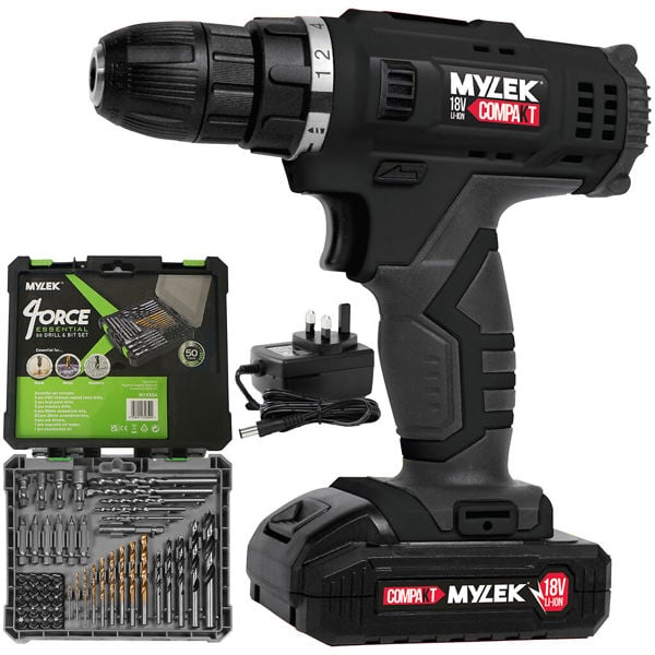 Mylek 18V Cordless Drill Electric Screwdriver Set Lithium Ion Battery Pack 18 Volts Combi Driver With MYLEK 4ORCE 50-Piece Kit