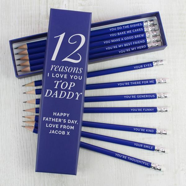 Personalised 12 Reasons Box: A wooden keepsake box with "12 Reasons I Love You" engraved on the lid. Surrounding the box are 12 pencils, each featuring a different custom-engraved message, showcasing a unique and sentimental gift idea.