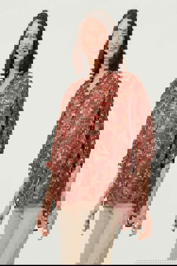 Rust | Printed 3/4 Sleeve Semi Sheer Blouse