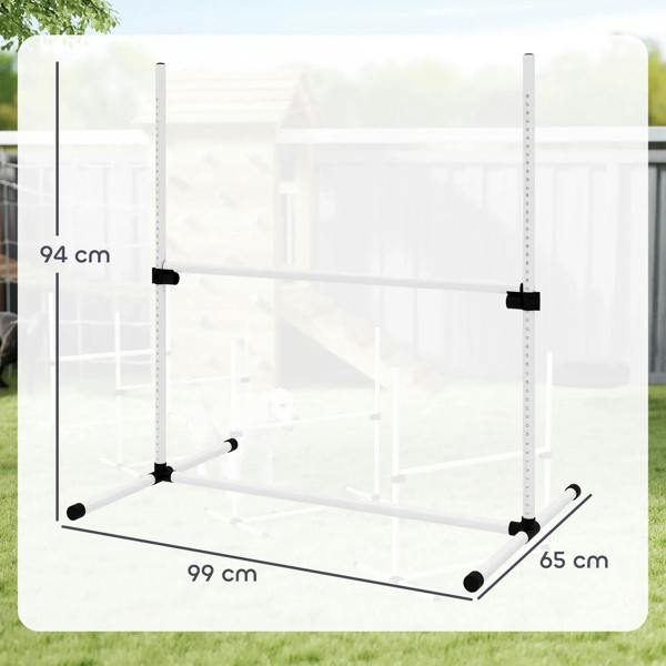 White dog agility jump hurdle with adjustable frame and labeled dimensions