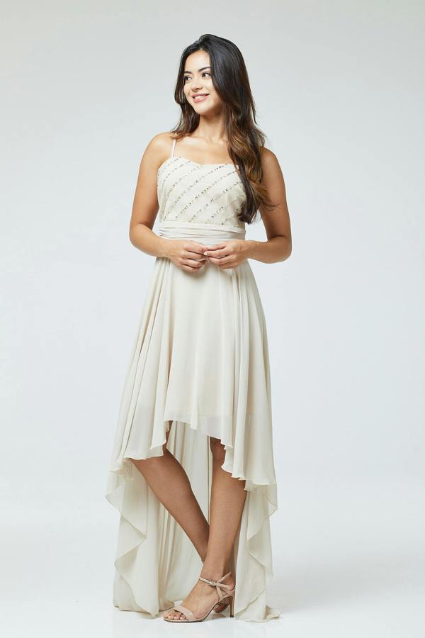 LuvForever Nude Sequin Asymmetric Long Dress