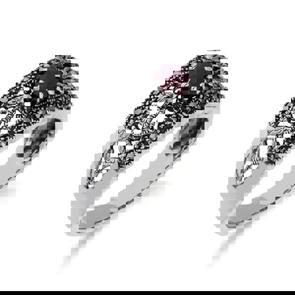 214R597705925 Art Nouveau Style Round Ruby & Marcasite Floral Band Ring in Sterling Silver 3