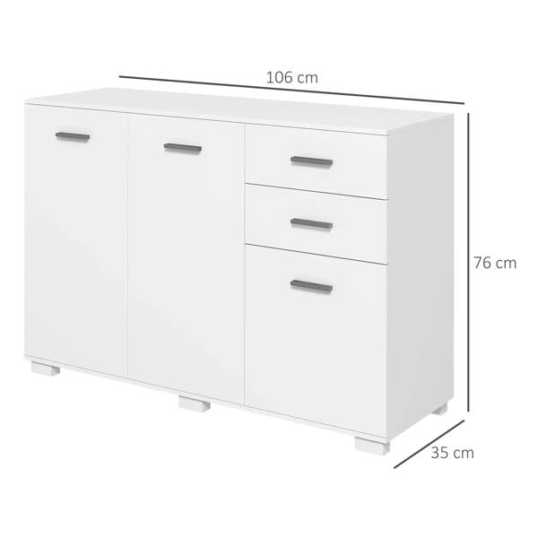 High-gloss white sideboard cabinet with two drawers and three cabinet doors