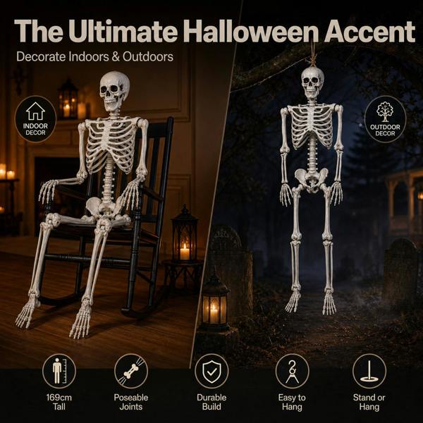 Yezi Halloween Skeleton Life Size 169cm Posable Jointed ABS Spooky Patio White