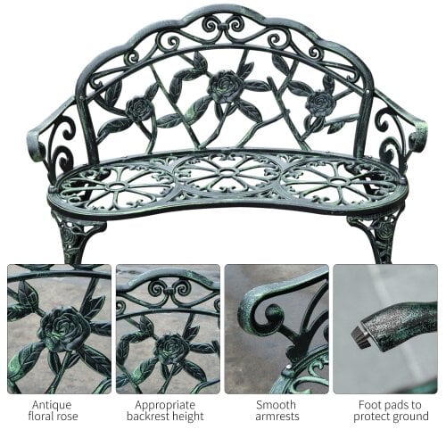 Wyld Haus Rakeba Cast Aluminium Antique Green 2 Seater Garden Bench With Floral Backrest