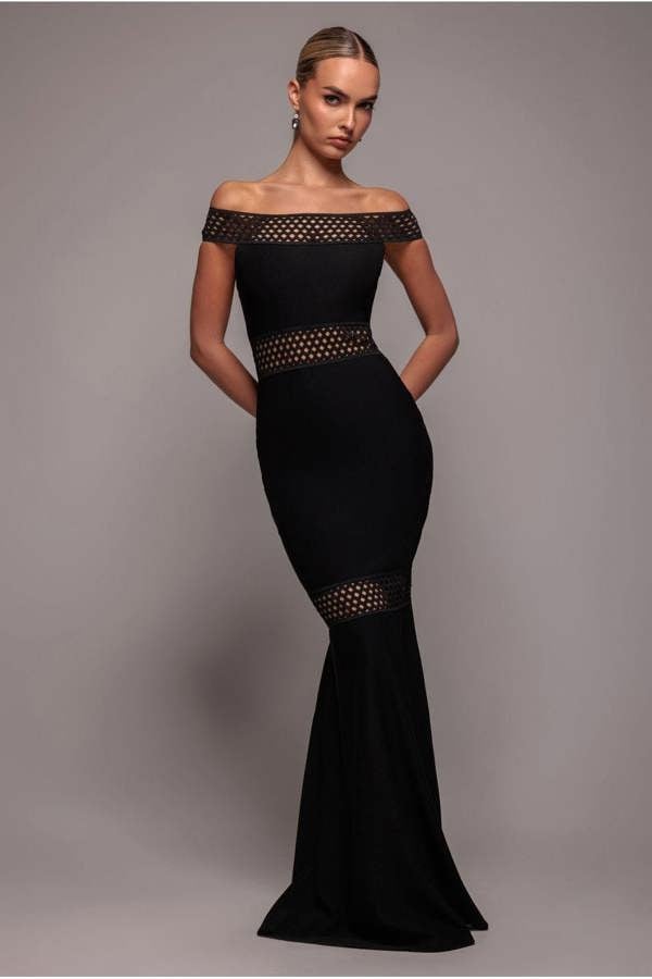 Off The Shoulder Ribbed Bodycon Maxi Dress - Black DR4370