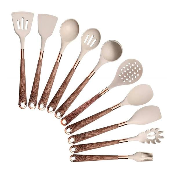 Anygleam Kitchen Utensils Non-stick Brown 10 Set Gold Plated Handle with Support Point Cooking Tool Accessories Heat Resistant Kitchenware