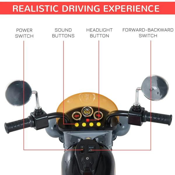Black handlebar control panel with switches and display on ride-on motorbike trike