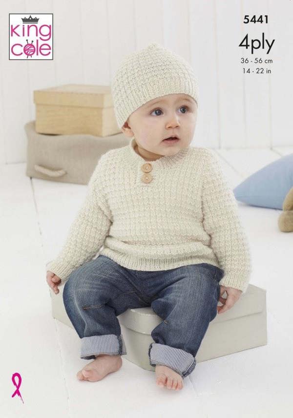 King Cole Comfort 4 Ply Knitting Pattern 5441, Sweaters, Slipovers, Headwear for Baby, 14 - 22 Inches