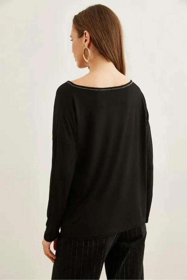 Hoxton Gal V-Neck Viscose Blouse with Silver Stitching Details