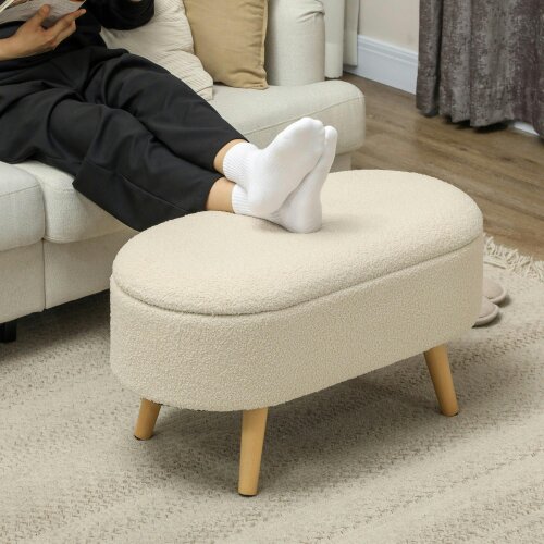 Wyld Haus Molasa Boucle Cream White Storage Ottoman Teddy Fleece Natural Wooden Legs