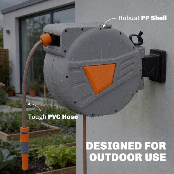Bobobiy Retractable Hose Reel Wall Mounted, 20+1.6m Garden Hose Pipe Reel with Auto Retraction, Self-Locking, Orange
