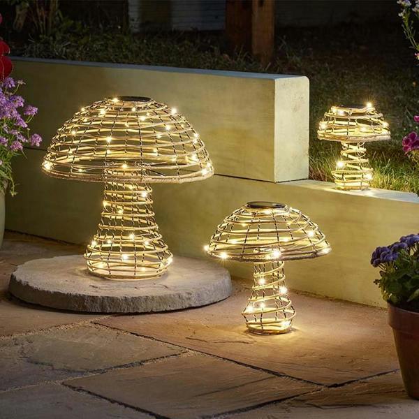 Rattan Solar Mushroom Outdoor Light Warm White Decorative Patio Ornament