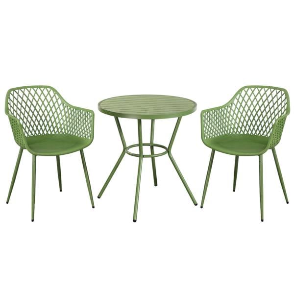 Core Products 3 Piece Bistro Garden Set, Pair Of Lattice Armchairs & Round Plastic Table, Moss Green