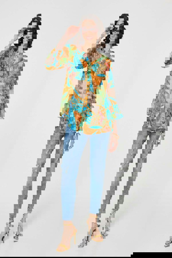 Orange | Leaf Print Button Front Blouse