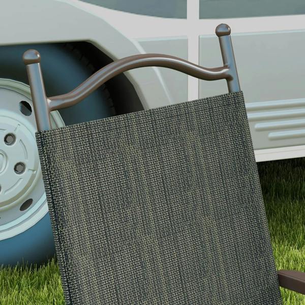 Close-up of folding garden chair backrest with dark mesh fabric and dark brown frame