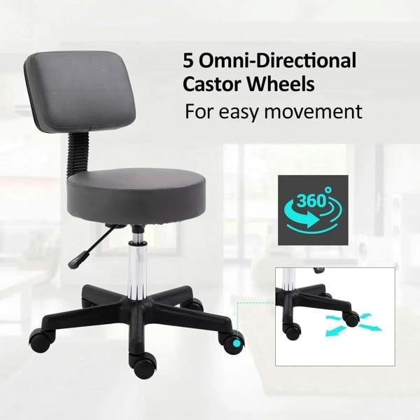 Grey salon rolling chair with padded seat, square backrest, and five omni-directional casters