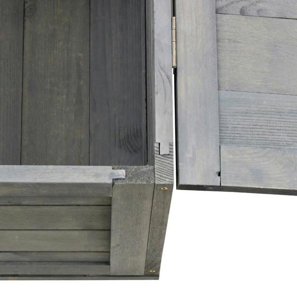 Grey wooden reptile house side panel with metal hinge and latch detail