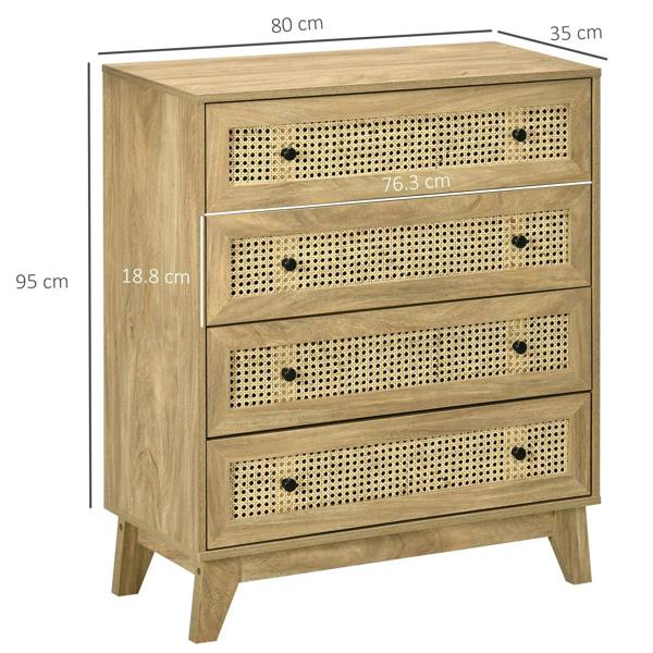 Wood-effect storage cabinet with four rattan-panel drawers and black knobs, front view