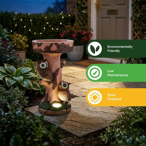 Gardenwize Solar Bird Bath – Owl Garden Ornament with LED Light