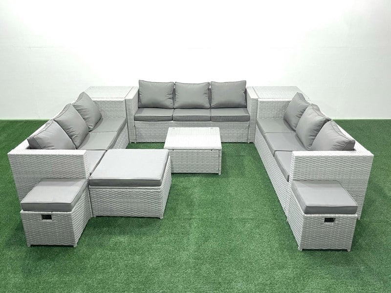 Fimous Rattan Garden Outdoor Furniture Set 12 Seater Rattan Garden Sofa Set with 3 Footstools 2 Side Tables Light Grey Mixed