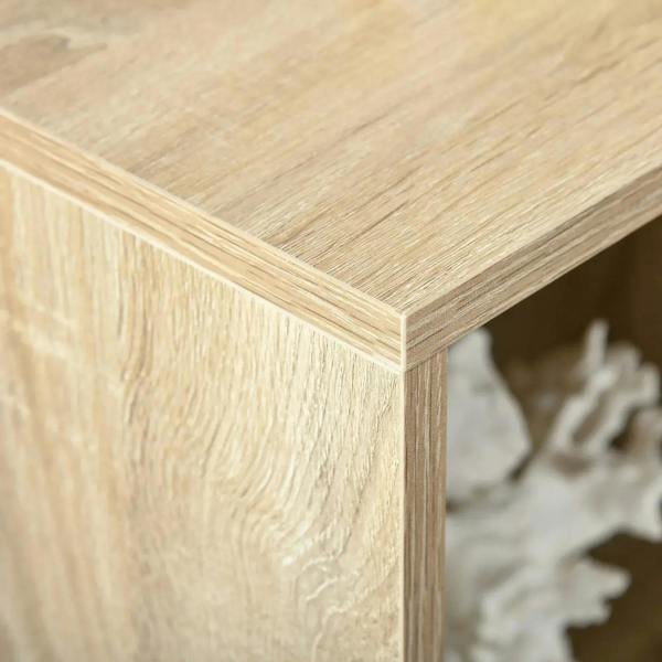 Oak wood effect bookcase corner close-up with light wood grain and beveled edge