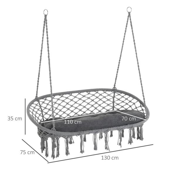 Two-seater dark grey macrame hammock swing with round net seat, fringe tassels, and cushion