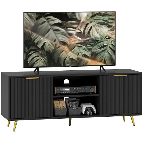 Wyld Haus Ellini Wooden Black TV Stand With 2 Open Shelves 2 Doors For Screens Up To 55 Inches