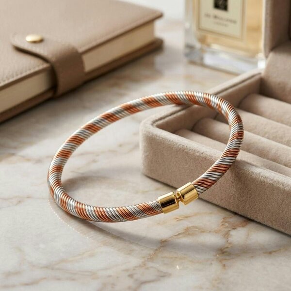 The Colourful Aura Kids Silver & Rose Gold Twisted Cable Bangle Bracelet