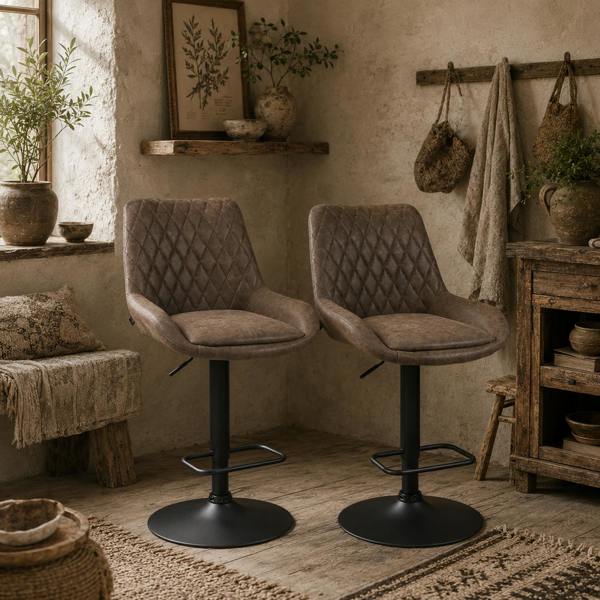 Wyld Haus Lenozzo Faux Leather Brown Set Of 2 Retro Style Bar Stools With Padded Seats