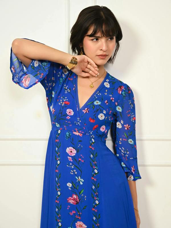 Rose & Nancy Tory Blue Botanical Floral Border Print Maxi Dress