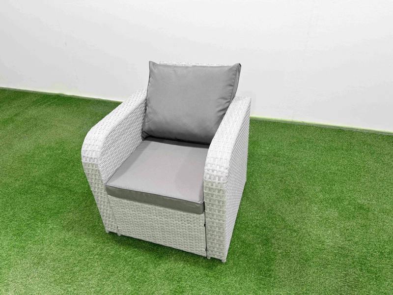 Fimous High Back Outdoor Set, Poly Rattan, Reclining Loveseat, Oblong Coffee Table, Big Stool and 2 Side Tables, Light Grey