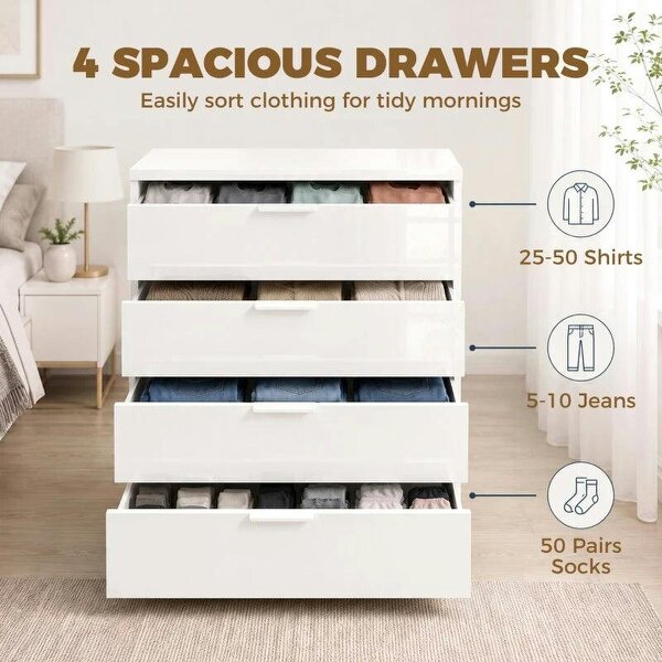 High Gloss 4-Drawer Chest of Drawers, Space-Saving Bedroom Storage Unit with Smooth Runners, White