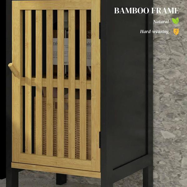 Bamboo slatted cupboard door with gold knob on a black frame, close-up