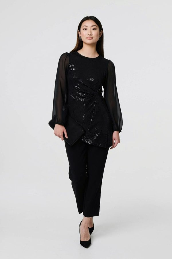 Black | Semi Sheer Sparkly Long Sleeve Blouse
