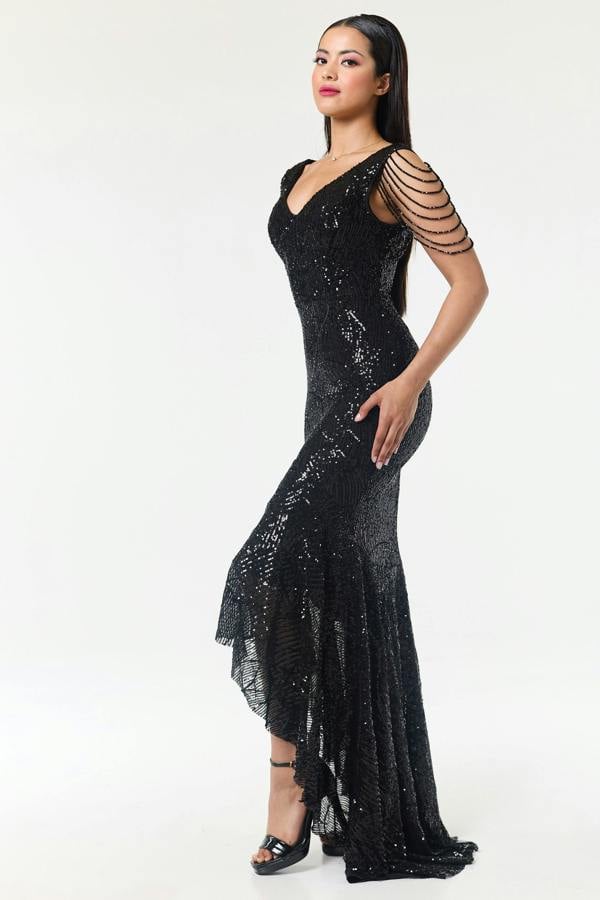 LuvForever Black Jewelled Hi-Lo Sequin Dress