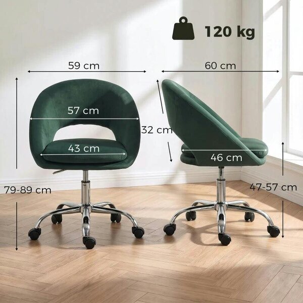 Velvet Desk Chair, Modern Office Chair with Height-Adjustable, Wheels, for Home Study Bedroom, Dark Green