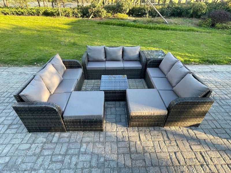 Fimous 11 Seater Rattan Outdoor Furniture Set Patio Garden Sofa Set with Square Coffee Table 3 Seater Sofa 2 Big Footstool Side Table Dark Grey Mixed