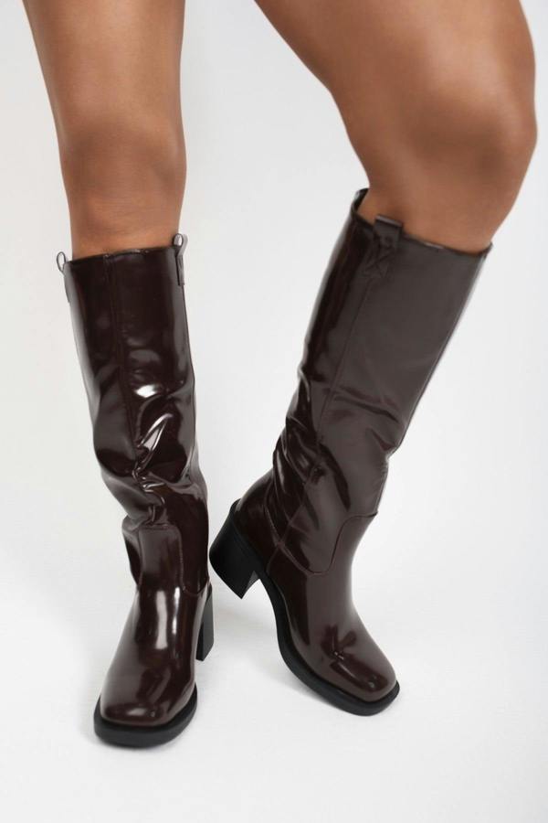 Verira Patent Knee High Block Heel Boots - Wine