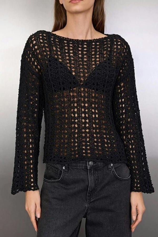 WOVCOR Openwork Boat Neck Knit Sweater