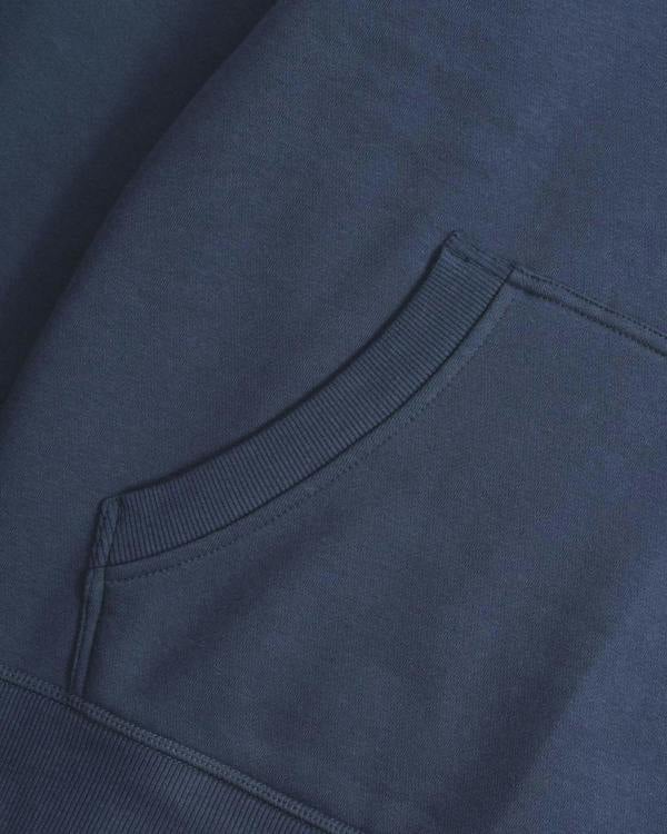 Lambretta Stripe Mens Pull Over Sweatshirt Hooded Hoodie, close-up of the navy blue hoodie fabric with a ribbed pocket detail.