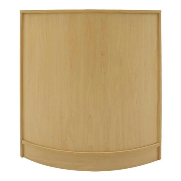 Curved maple wood counter with a smooth finish, designed for shop displays, featuring a sleek, modern aesthetic and ample surface area