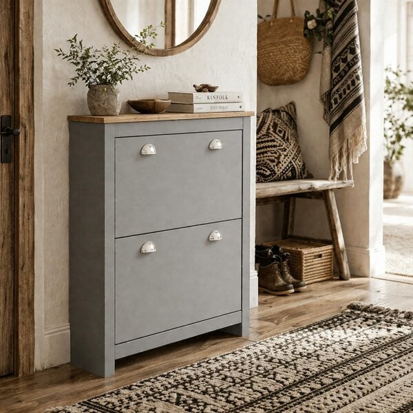 Wyld Haus Kamcha Grey and Natural Wood Narrow Shoe Cabinet With 2 Flip Drawers For 6 To 12 Pairs