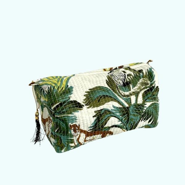 Hayley & Co Wild Animal Print Cotton Washbag, Make Up Bag, Pencil Case with Waterproof Lining - Wild Animal Print in White