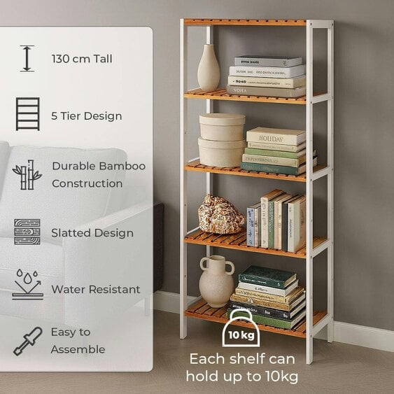 Neo White 5 Tier Bamboo Storage Shelf Shelves Rack Adjustable Multi-Purpose Rack Shoes Plants Bathroom Kitchen Hallway Room Organiser Unit