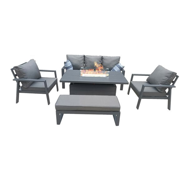 Furniture One 5 PCS Garden Sofa Set, 6 Seater Outdoor Aluminium  Furniture Set with Rising Dining Table, Armchair, 2 Stools