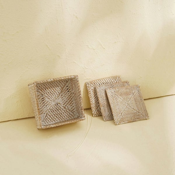 Square Rattan Coaster Set with Holder - Coastal Villa Homeware