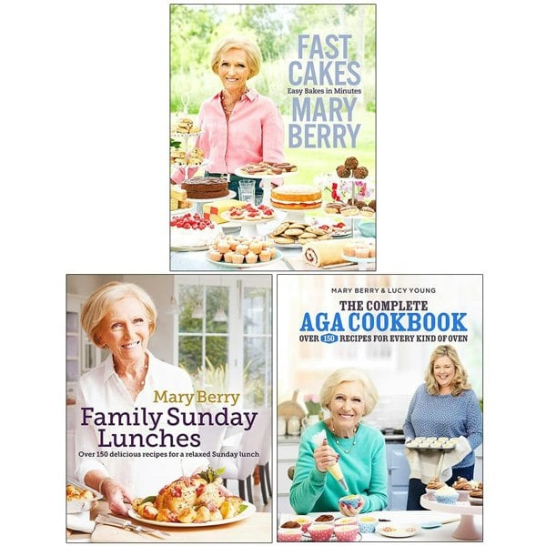 Mary Berry 3 Book set Fast Cakes Easy Bakes In Minutes, Family Sunday Lunches, The Complete Aga