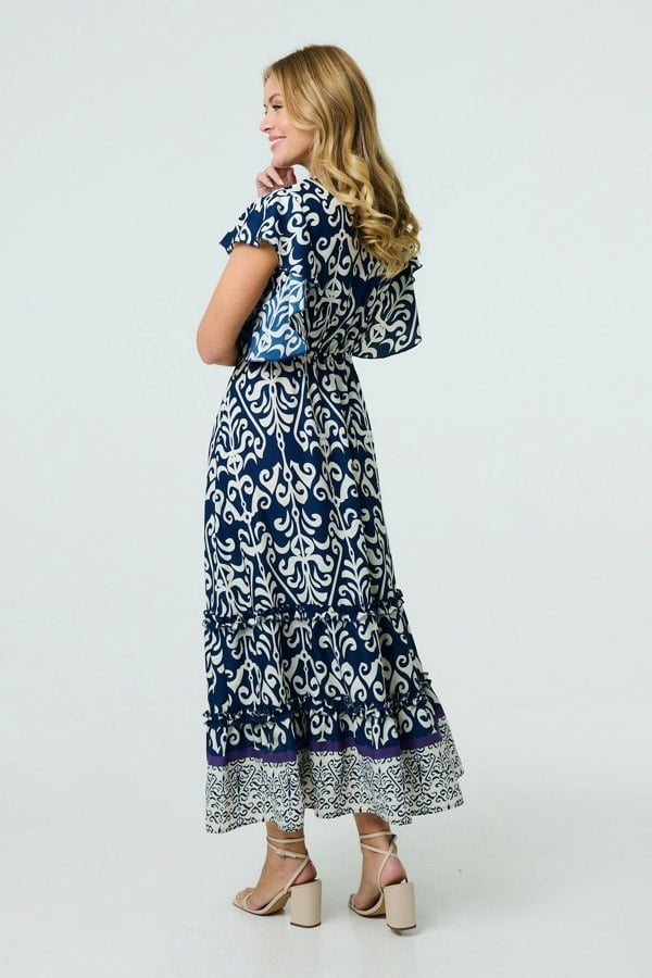 Navy | Mosaic Print Ruffle Batwing Sleeve Maxi Dress

